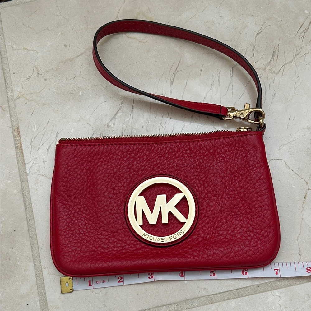 Michael Kors Red Leather Wristlet with Gold Logo